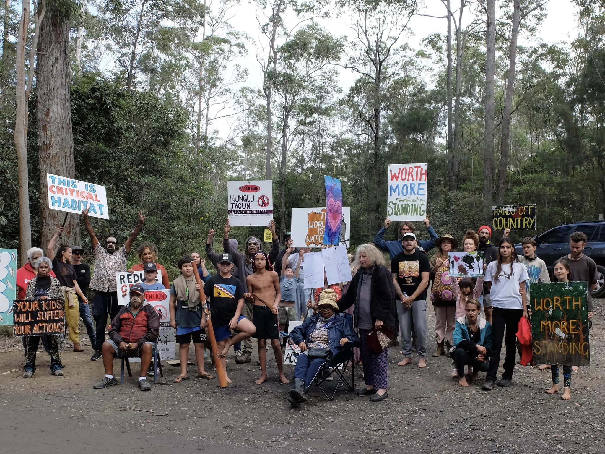 Protesters in a forest, holding up signs.